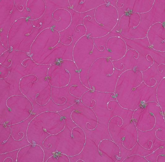 Sushila Vintage Pink Sari Remnant Scrap Pure Georgette Embroidered Craft Fabric
