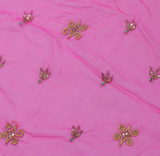Sushila Vintage Pink Sari Remnant Scrap Blend Georgette Embroidered Craft Fabric