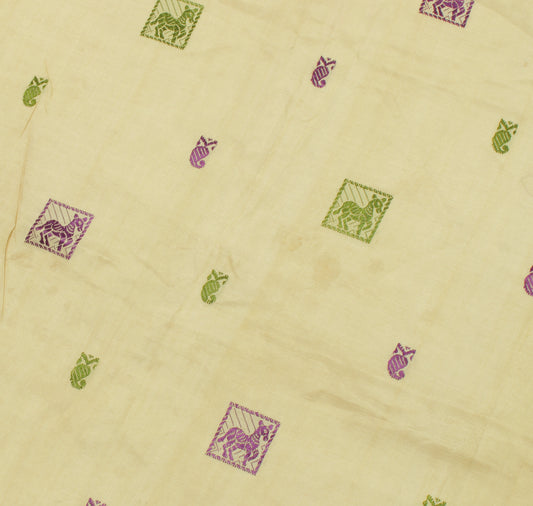 Sushila Vintage Cream Sari Remnant Scrap 100% Pure Silk Woven Craft Fabric
