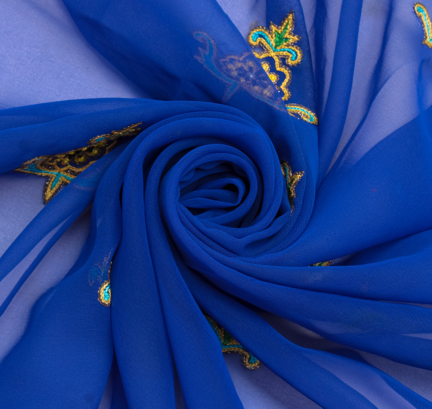 Sushila Vintage Blue Sari Remnant Scrap Blend Georgette Embroidered Craft Fabric