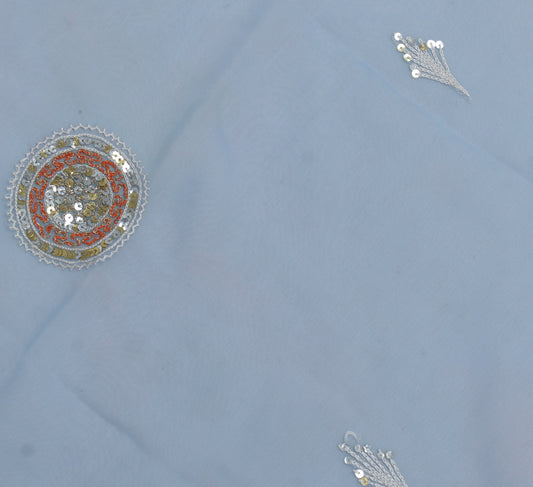 Sushila Vintage Blue Sari Remnant Scrap Pure Georgette Embroidered Craft Fabric