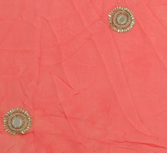 Sushila Vintage Peach Sari Remnant Scrap Pure Silk Embroidered Craft Fabric