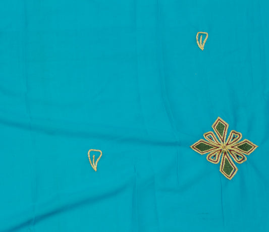 Sushila Vintage Blue Sari Remnant Scrap Blend Silk Embroidered Craft Fabric