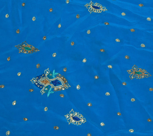 Sushila Vintage Blue Sari Remnant Scrap Pure Crepe Hand Beaded Craft Fabric