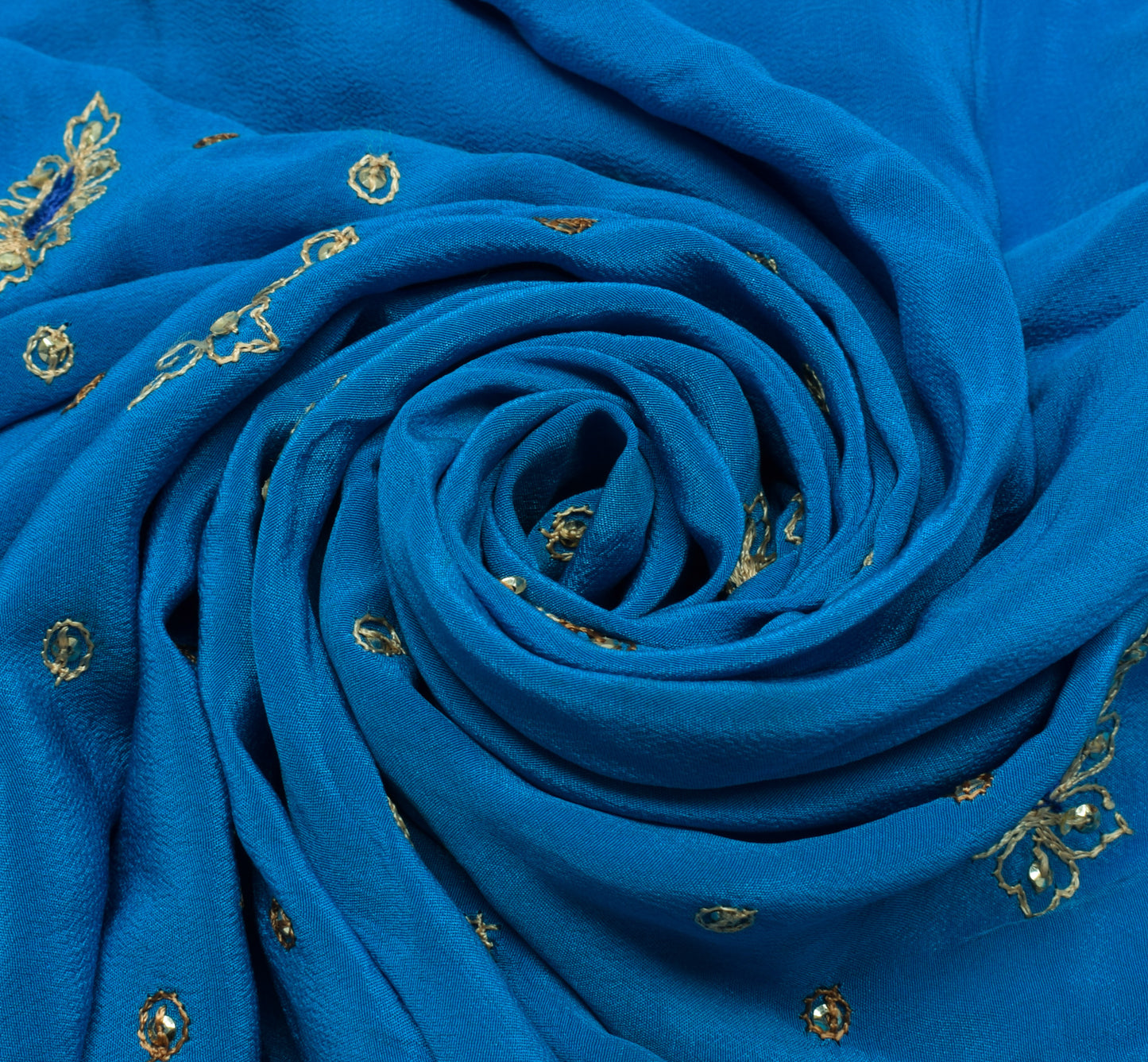 Sushila Vintage Blue Sari Remnant Scrap Pure Crepe Hand Beaded Craft Fabric