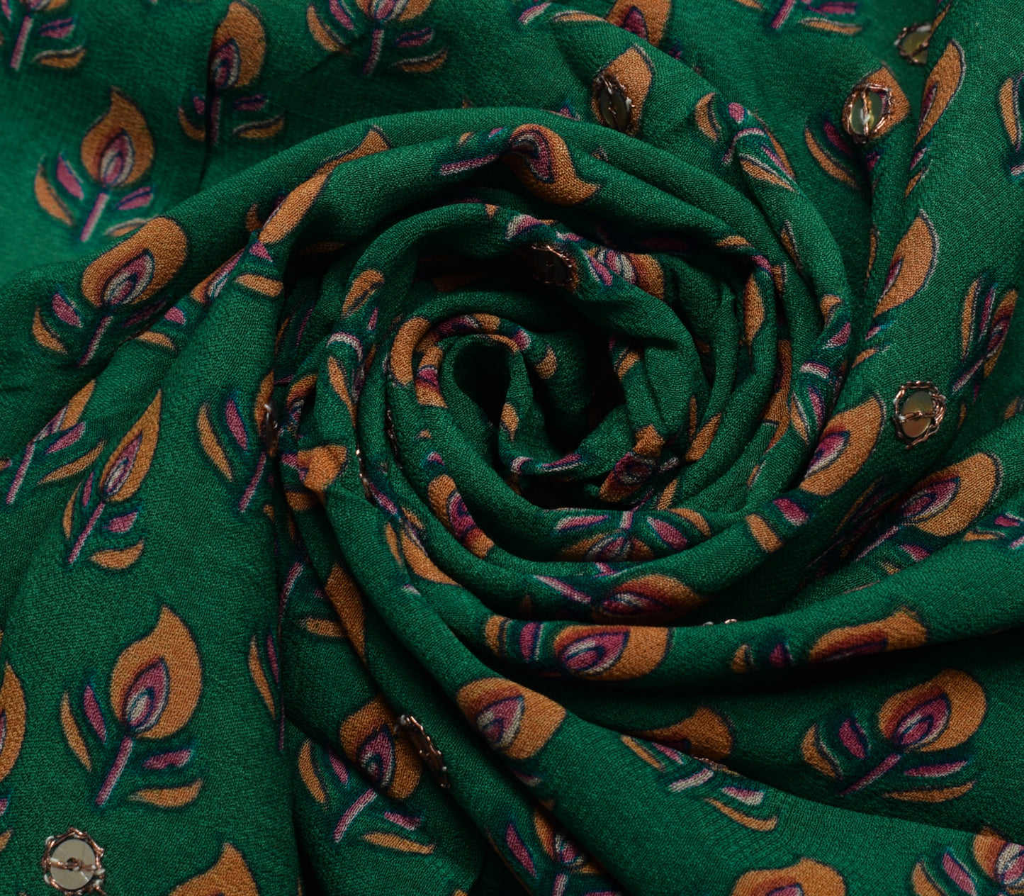 Sushila Vintage Green Sari Remnant Scrap Pure Georgette Printed Craft Fabric