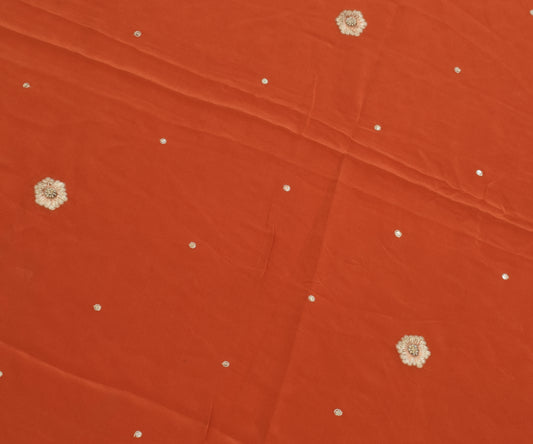 Sushila Vintage Rust Sari Remnant Scrap Pure Crepe Silk Embroidered Craft Fabric