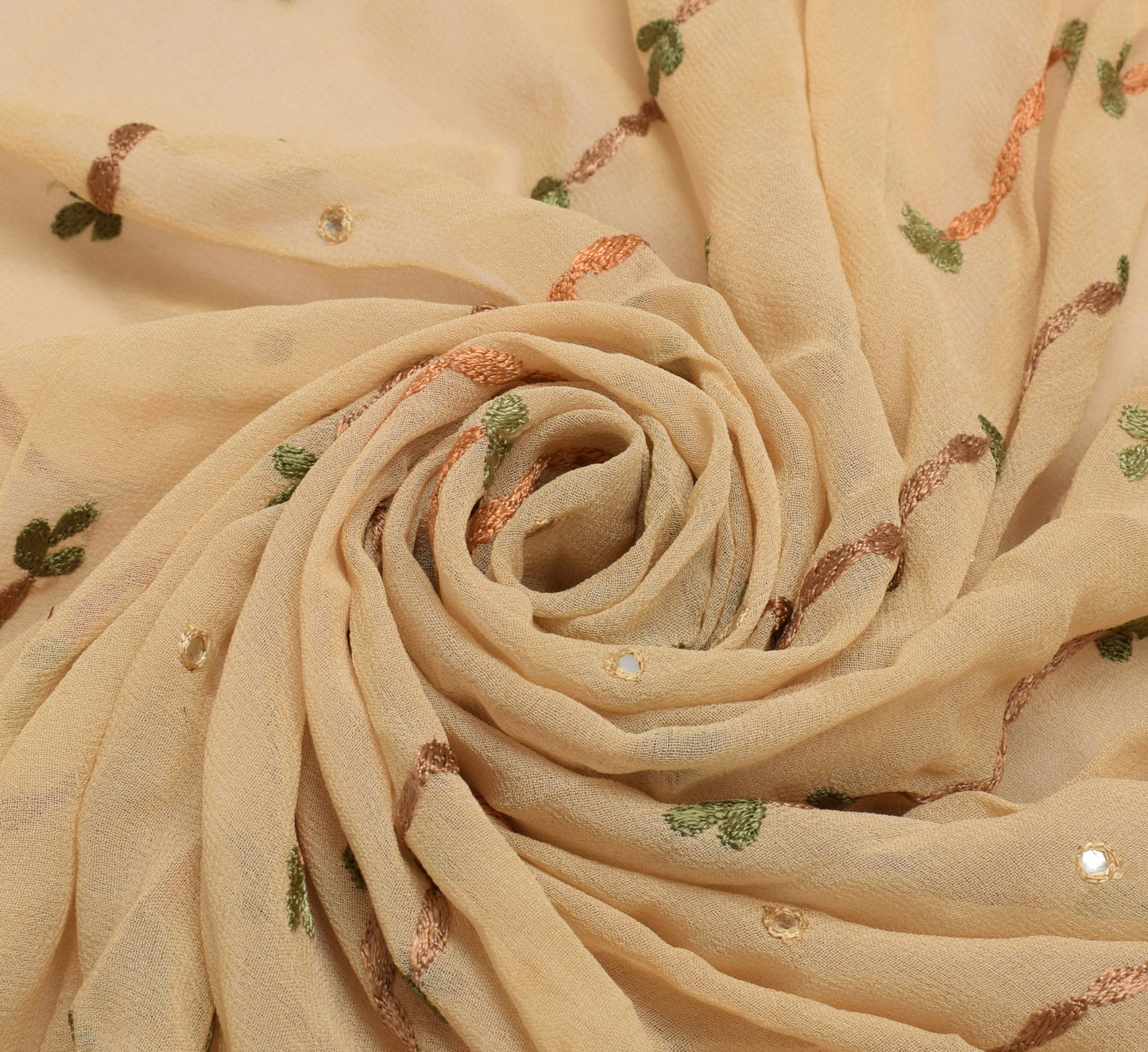 Sushila Vintage Cream Sari Remnant Scrap Pure Georgette Embroidered Craft Fabric
