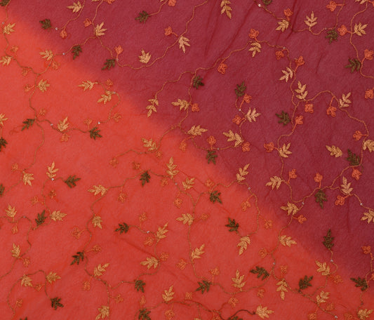 Sushila Vintage Red Sari Remnant Scrap Pure Georgette Embroidered Craft Fabric
