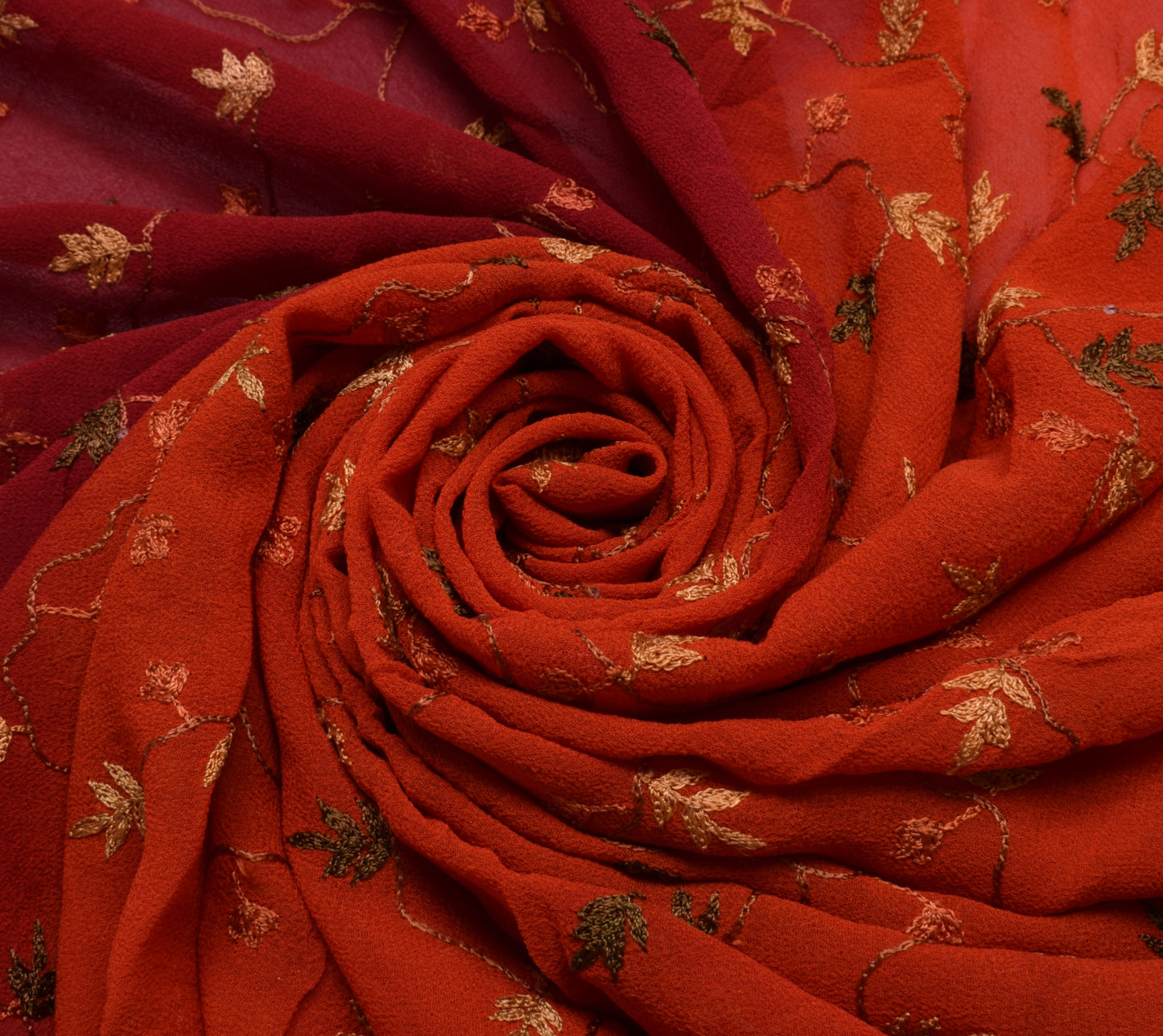 Sushila Vintage Red Sari Remnant Scrap Pure Georgette Embroidered Craft Fabric