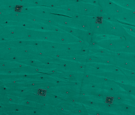 Sushila Vintage Green Sari Remnant Scrap Pure Chiffon Embroidered Craft Fabric