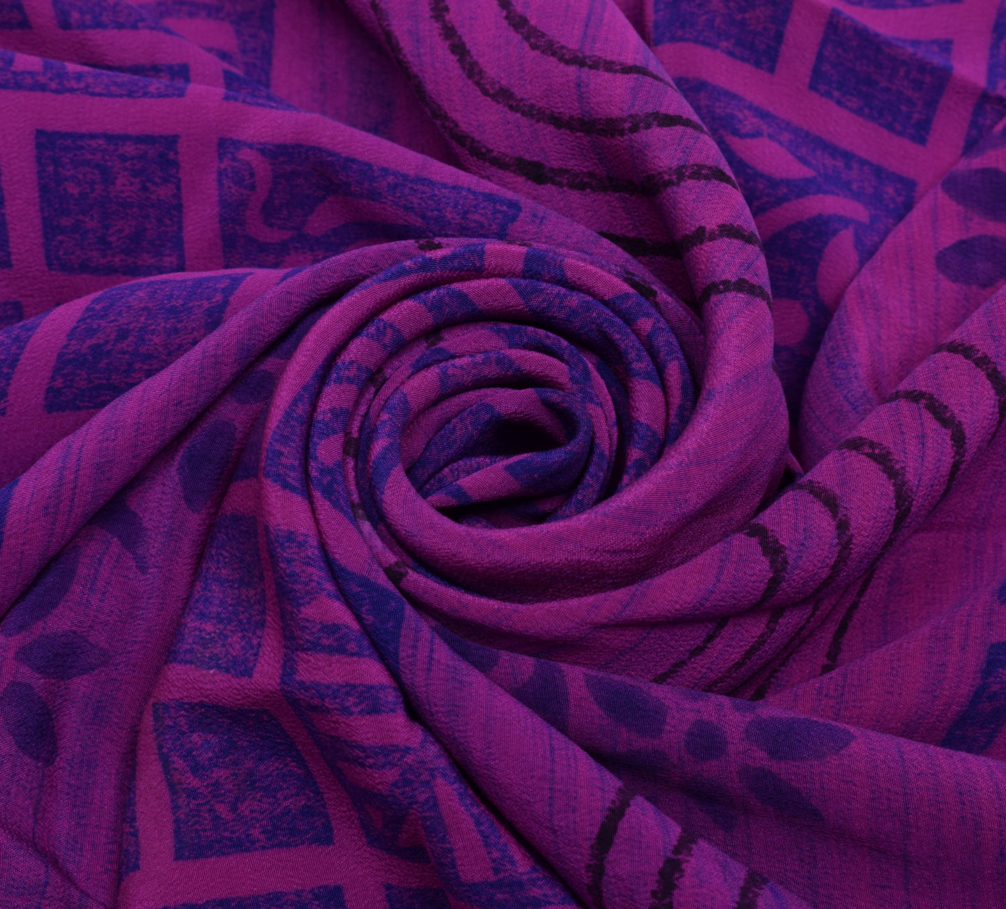 Sushila Vintage Purple Sari Remnant Scrap Pure Crepe Silk Printed Craft Fabric