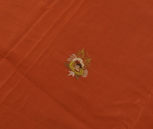 Sushila Vintage Rust Sari Remnant Scrap Pure Crepe Hand Embroidered Craft Fabric