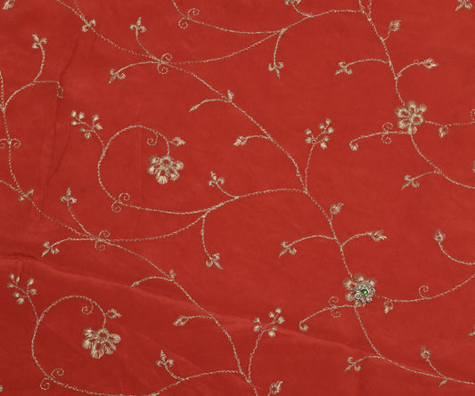 Sushila Vintage Peach Sari Remnant Scrap Pure Crepe Embroidered Craft Fabric