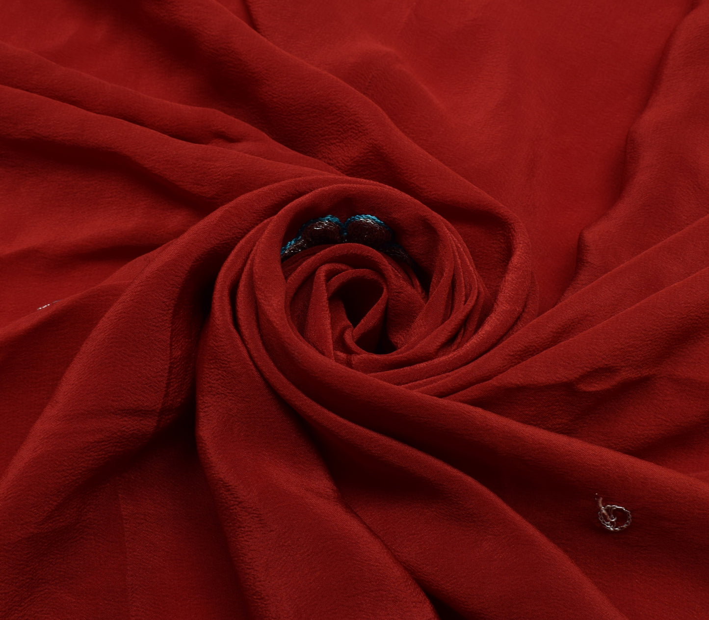 Sushila Vintage Red Sari Remnant Scrap Pure Crepe Silk Embroidered Craft Fabric
