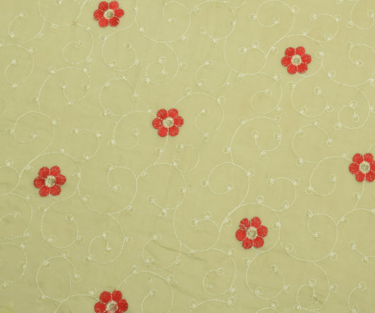 Sushila Vintage Green Sari Remnant Scrap Pure Cotton Embroidered Craft Fabric