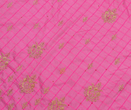 Sushila Vintage Pink Sari Remnant Scrap Blend Silk Embroidered Craft Fabric