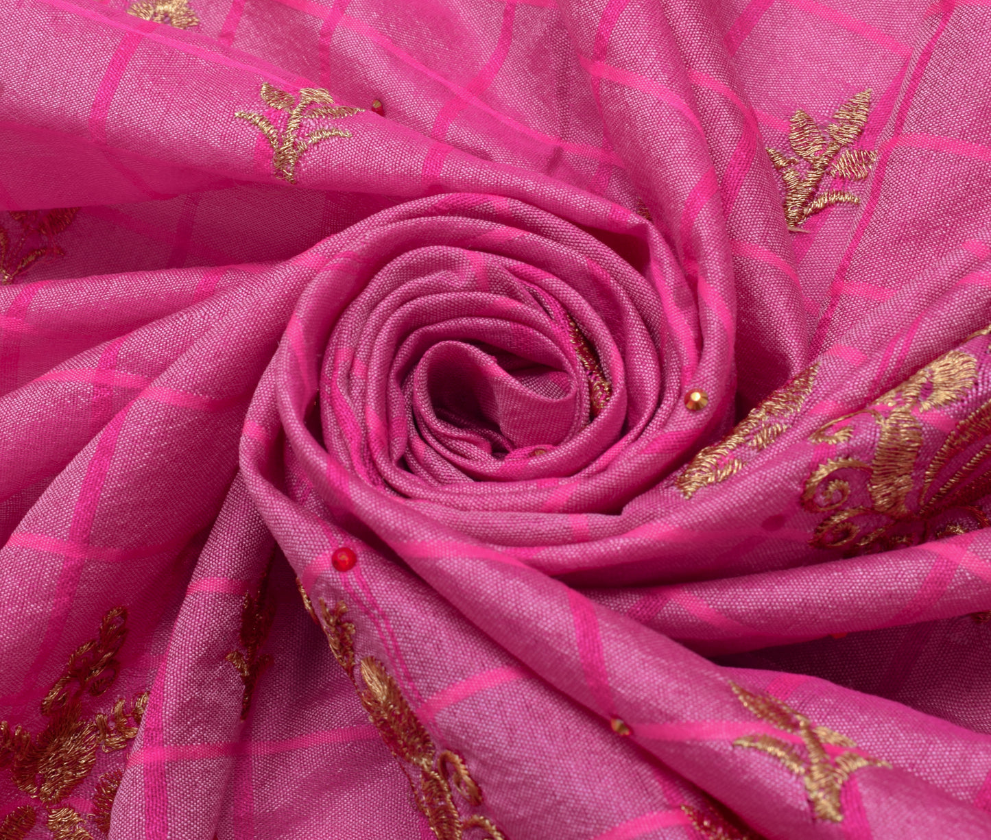 Sushila Vintage Pink Sari Remnant Scrap Blend Silk Embroidered Craft Fabric