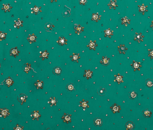 Sushila Vintage Green Sari Remnant Scrap Blend Georgette Hand Beaded Fabric