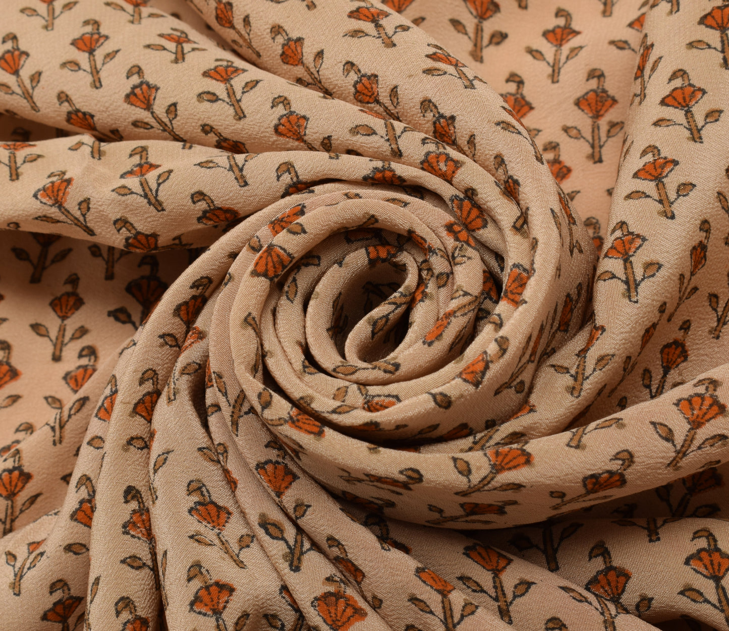 Sushila Vintage Brown Sari Remnant Scrap Pure Crepe Silk Printed Craft Fabric