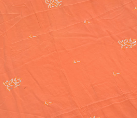 Sushila Vintage Orange Sari Remnant Scrap Pure Crepe Embroidered Craft Fabric