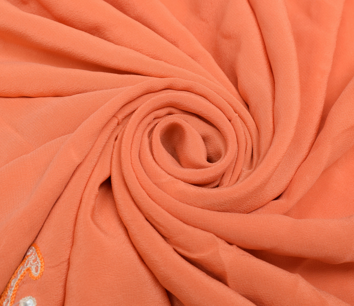Sushila Vintage Orange Sari Remnant Scrap Pure Crepe Embroidered Craft Fabric