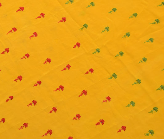 Sushila Vintage Yellow Sari Remnant Scrap Pure Crepe Embroidered Craft Fabric