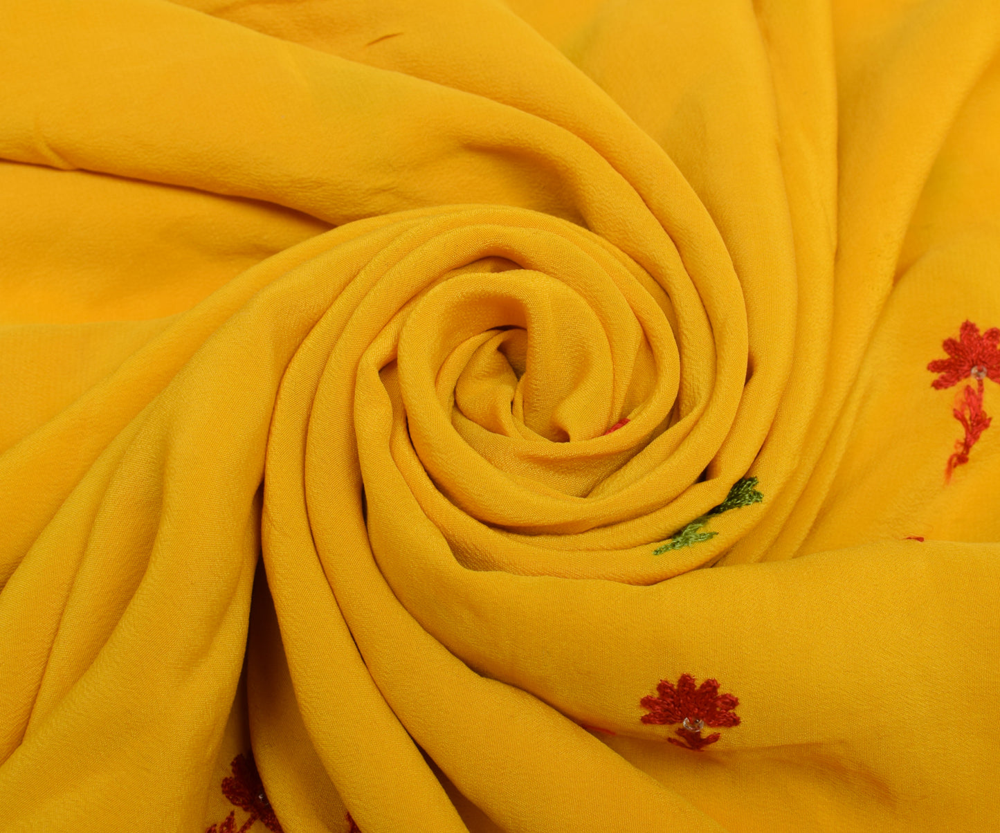 Sushila Vintage Yellow Sari Remnant Scrap Pure Crepe Embroidered Craft Fabric