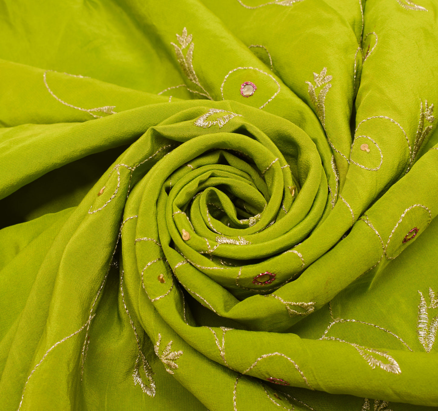 Sushila Vintage Green Sari Remnant Scrap 100%Pure Crepe Embroidered Craft Fabric