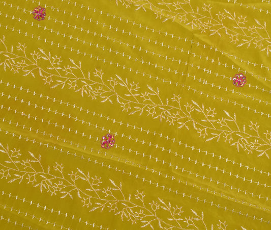 Sushila Vintage Green Sari Remnant Scrap Pure Crepe Embroidered Craft Fabric