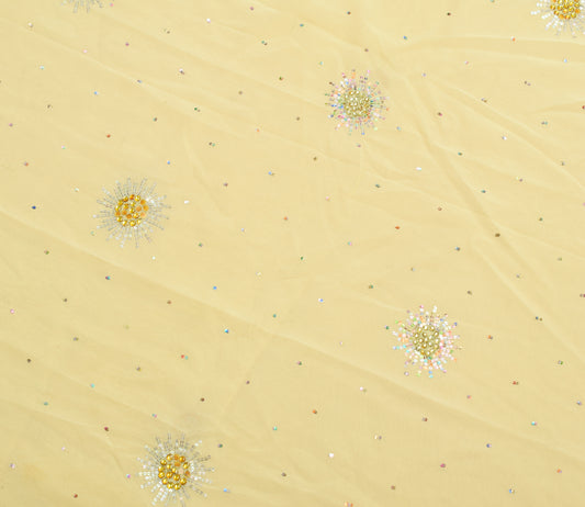 Sushila Vintage Cream Sari Remnant Scrap Pure Georgette Hand Beaded Craft Fabric