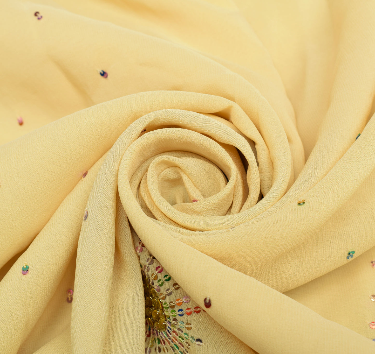Sushila Vintage Cream Sari Remnant Scrap Pure Georgette Hand Beaded Craft Fabric