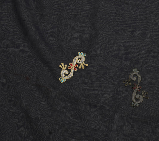 Sushila Vintage Black Sari Remnant Scrap Georgette Embroidered Craft Fabric