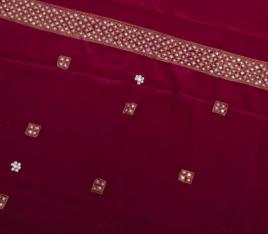Sushila Vintage Maroon Crepe Silk Sari Remnant Scrap Hand Beaded Craft Fabric