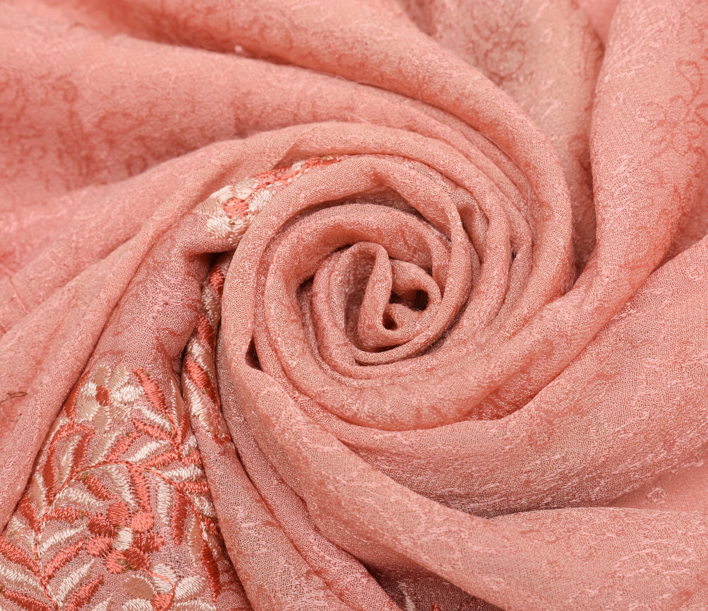 Sushila Vintage Peach Sari Remnant Scrap Pure Georgette Embroidered Craft Fabric