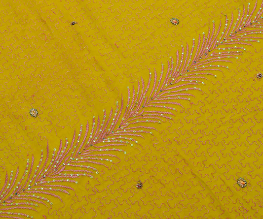 Sushila Vintage Green Georgette Silk Sari Remnant Scrap Hand Beaded Craft Fabric