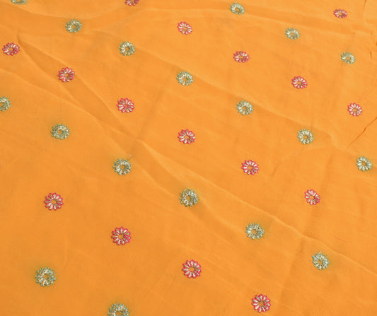 Sushila Vintage Mustard Sari Remnant Scrap Crepe Silk Embroidered Craft Fabric