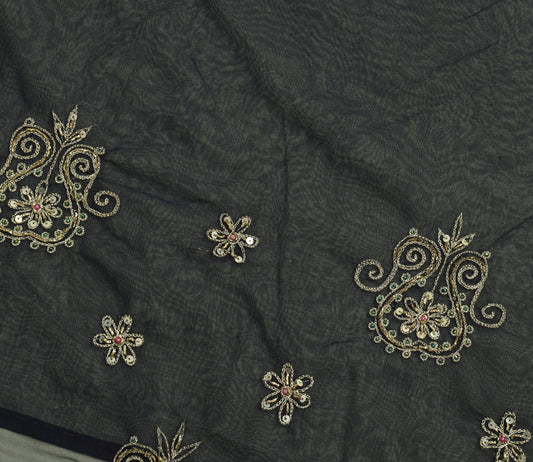 Sushila Vintage Blue Sari Remnant Scrap Georgette Silk Hand Beaded Craft Fabric