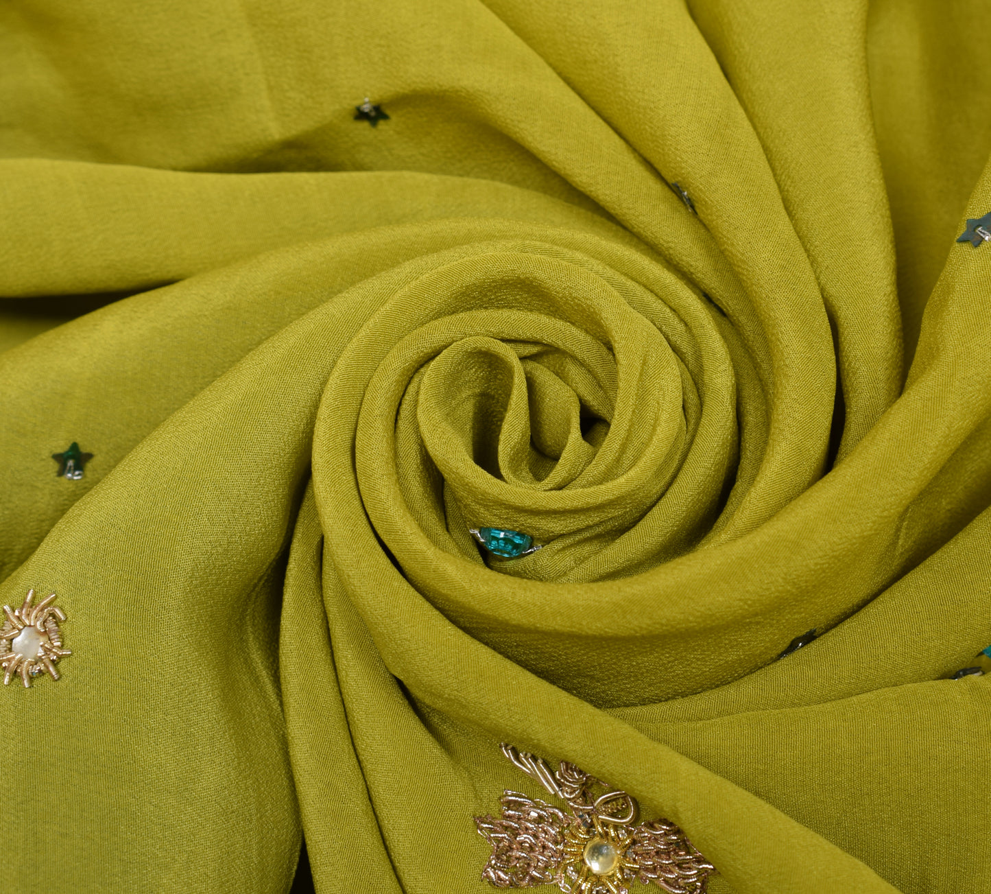 Sushila Vintage Green Sari Remnant Scrap 100% Pure Silk Hand Beaded Craft Fabric