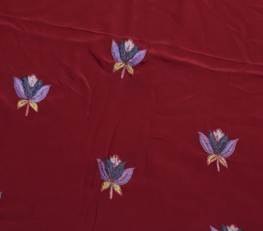 Sushila Vintage Maroon Sari Remnant Scrap Pure Crepe Silk Embroidey Craft Fabric