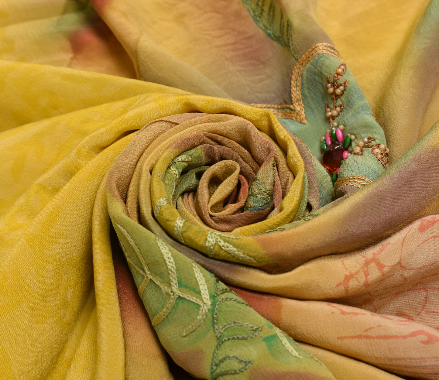 Sushila Vintage Yellow Sari Remnant Scrap Pure Crepe Hand Beaded Craft Fabric