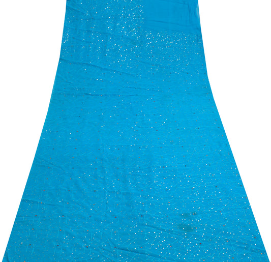 Sushila Vintage Blue Sari Remnant Scrap Georgette Silk Embroidered Craft Fabric