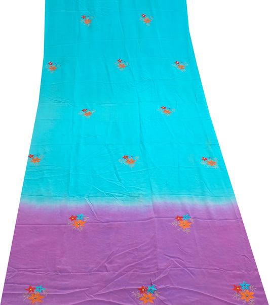 Sushila Vintage Aqua Pure Crepe Silk Sari Remnant Scrap Embroidered Craft Fabric