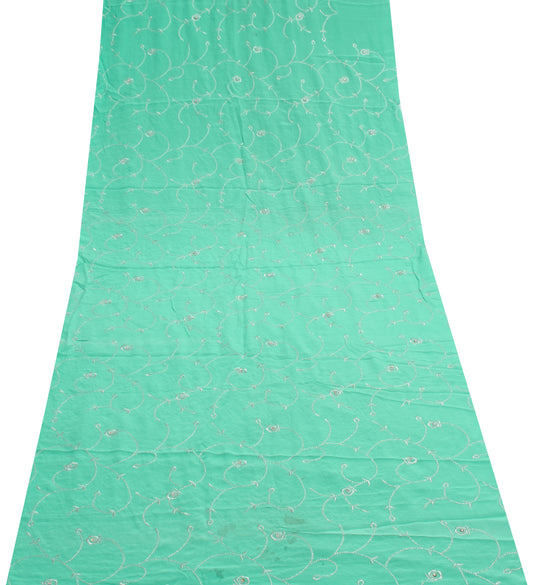 Sushila Vintage Aqua Pure Crepe Silk Sari Remnant Scrap Embroidered Craft Fabric