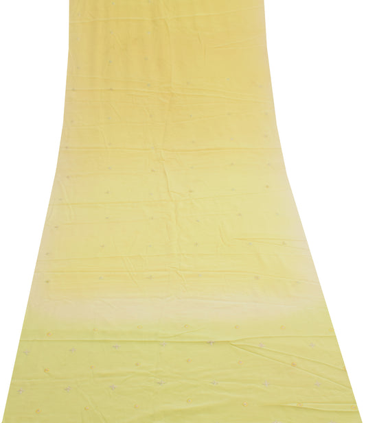 Sushila Vintage Yellow Sari Remnant Scrap Crepe Hand Embroidered Craft Fabric