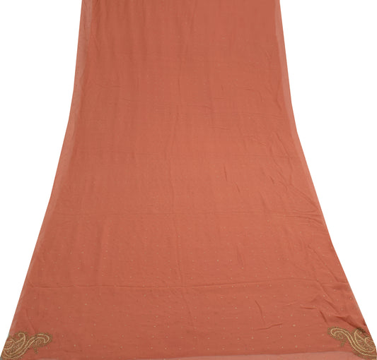 Sushila Vintage Peach Sari Remnant Scrap Multi Purpose Embroidered Craft Fabric
