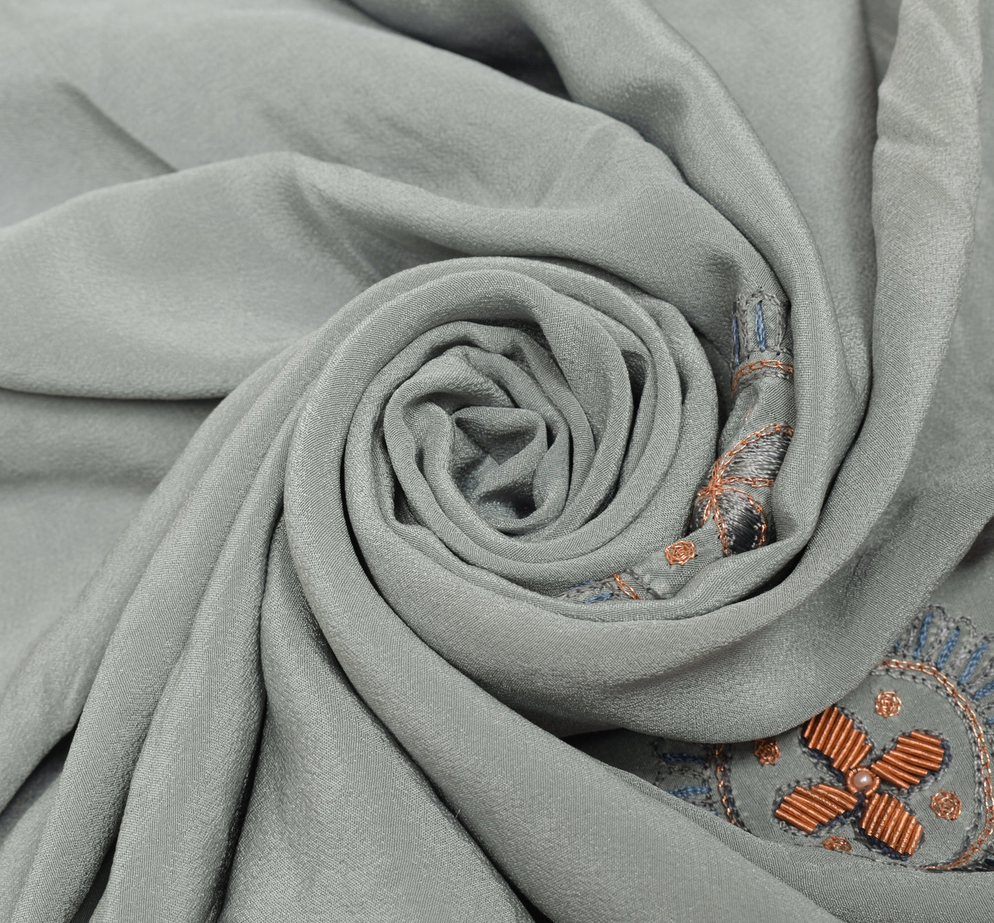 Sushila Vintage Gray Pure Crepe Silk Sari Remnant Scrap Embroidered Craft Fabric