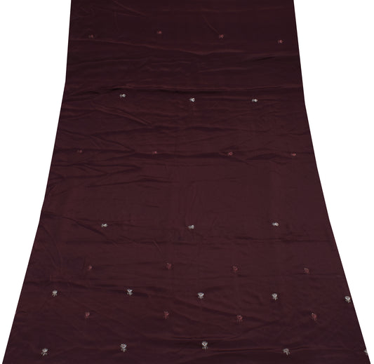 Sushila Vintage Brown Crepe Silk Sari Remnant Scrap Embroidered Craft Fabric