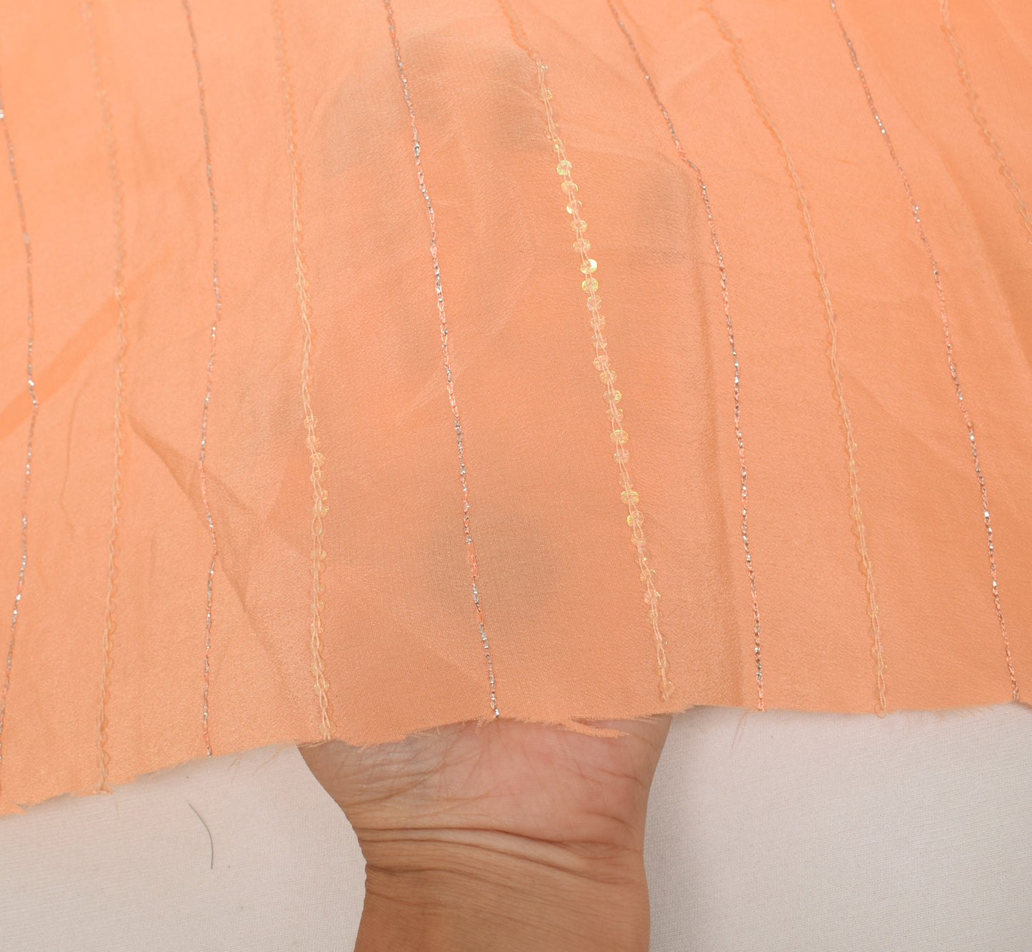 Sushila Vintage Peach Sari Remnant Scrap Pure Crepe Hand Beaded Craft Fabric