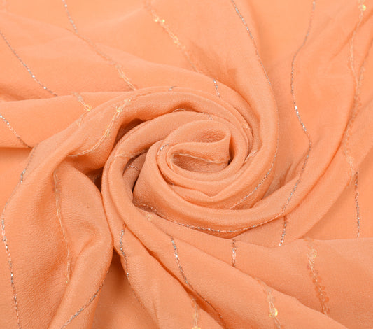 Sushila Vintage Peach Sari Remnant Scrap Pure Crepe Hand Beaded Craft Fabric